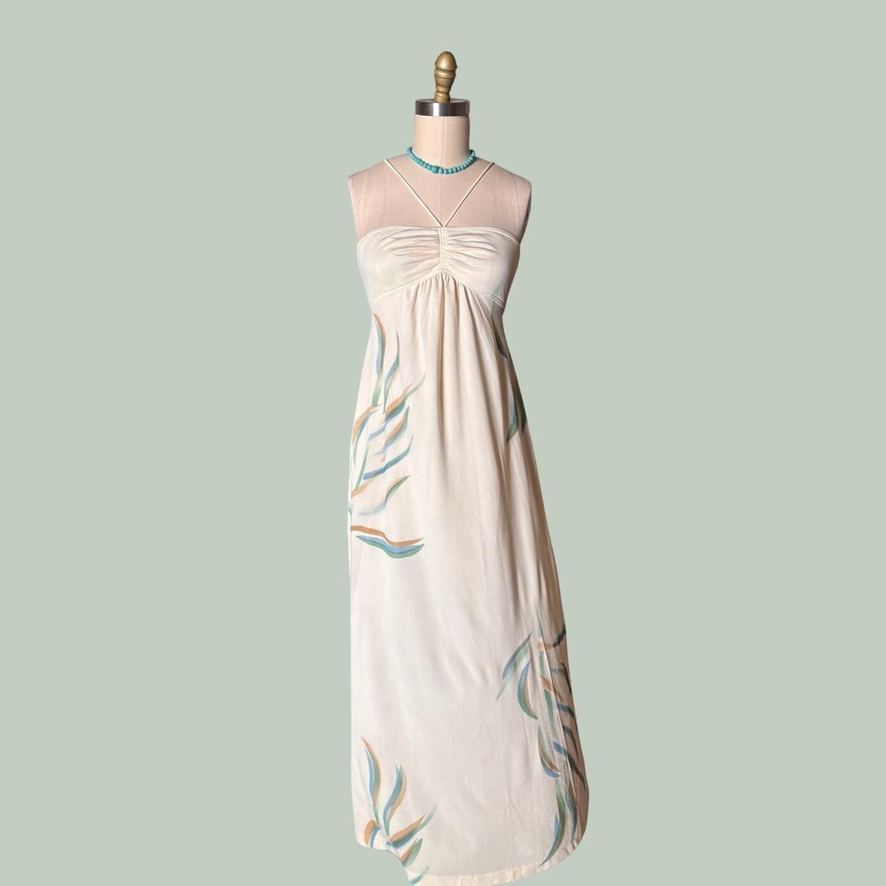 Boho Empire Waist Rare Maxi Dress Abstract Leaf Print S Cream Vintage - Picture 2 of 10